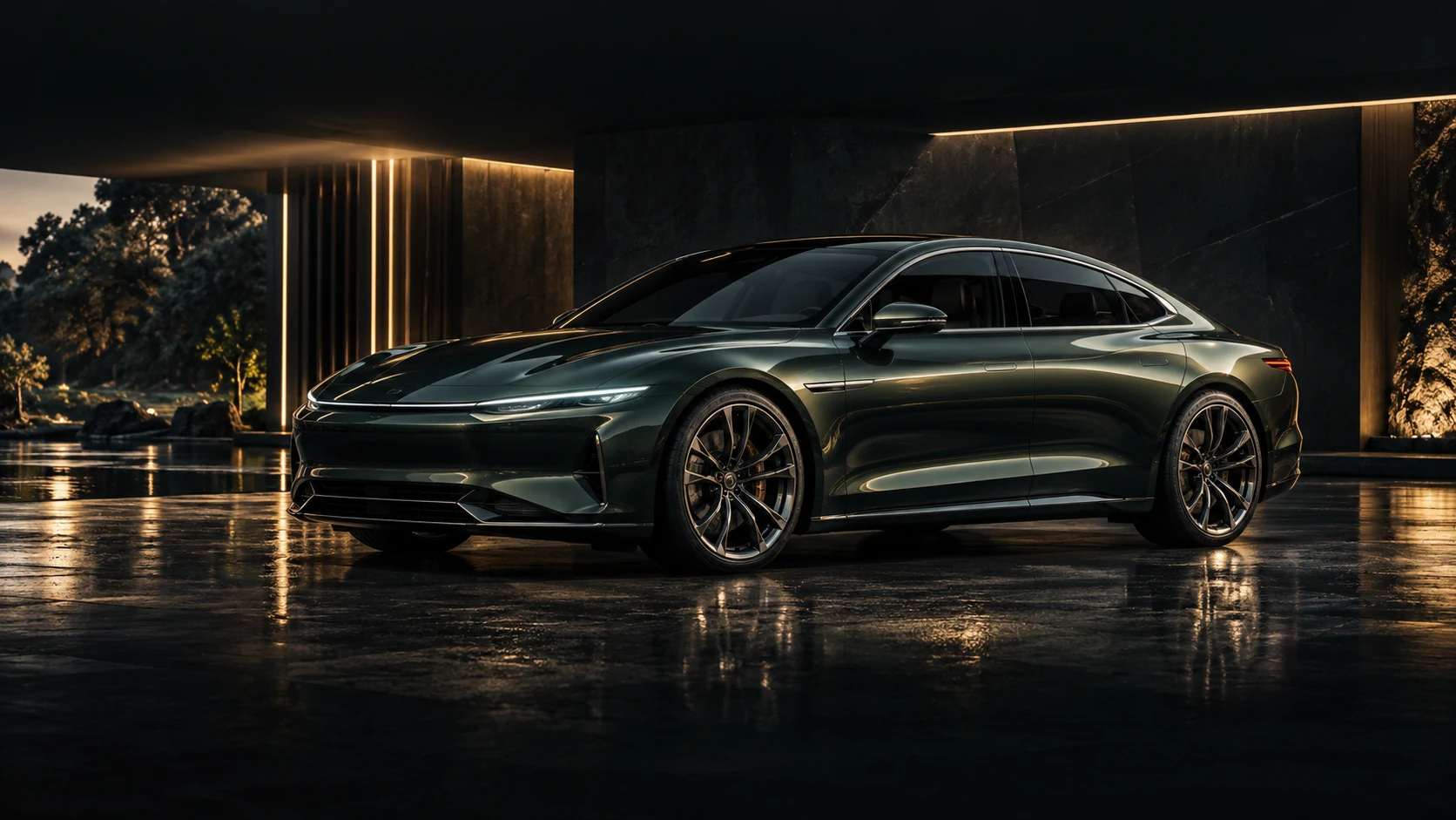Luxury electric vehicle outside a contemporary building; illustrative concept