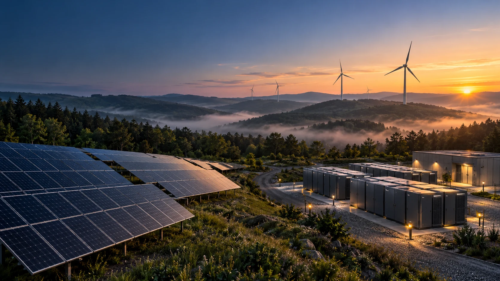 Solar panels, wind turbines and battery storage at sunset; illustrative concept