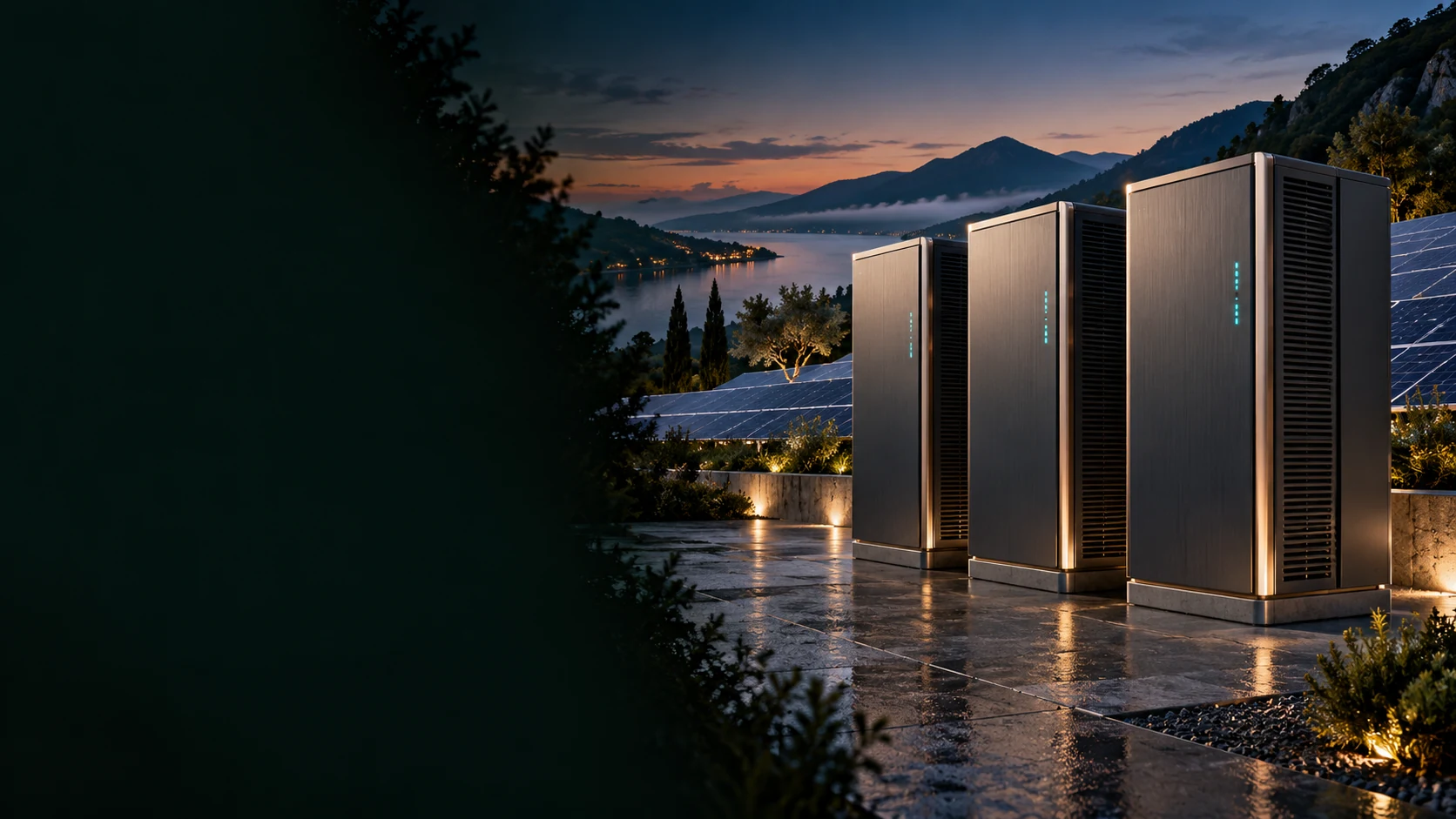 Battery energy storage cabinets beside a lake; illustrative concept