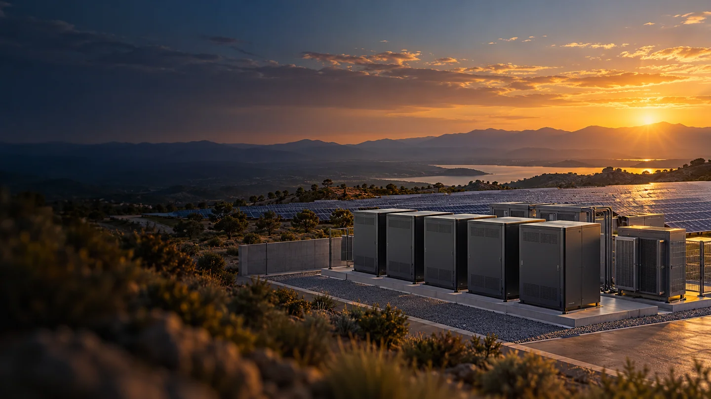 Concept of battery storage enclosures beside a solar farm at sunset