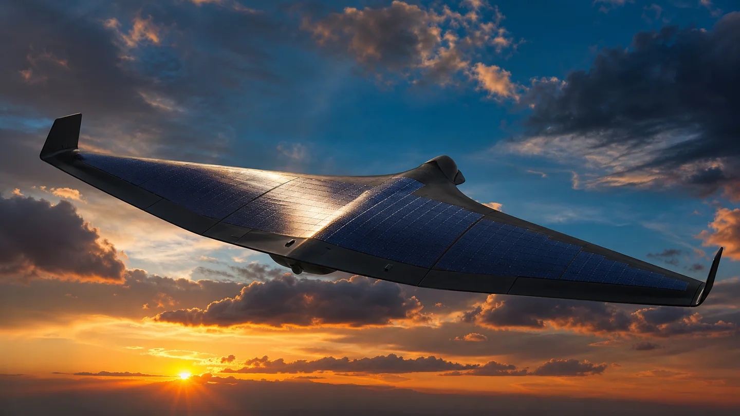 Concept of a solar-wing drone flying above a solar installation at sunset