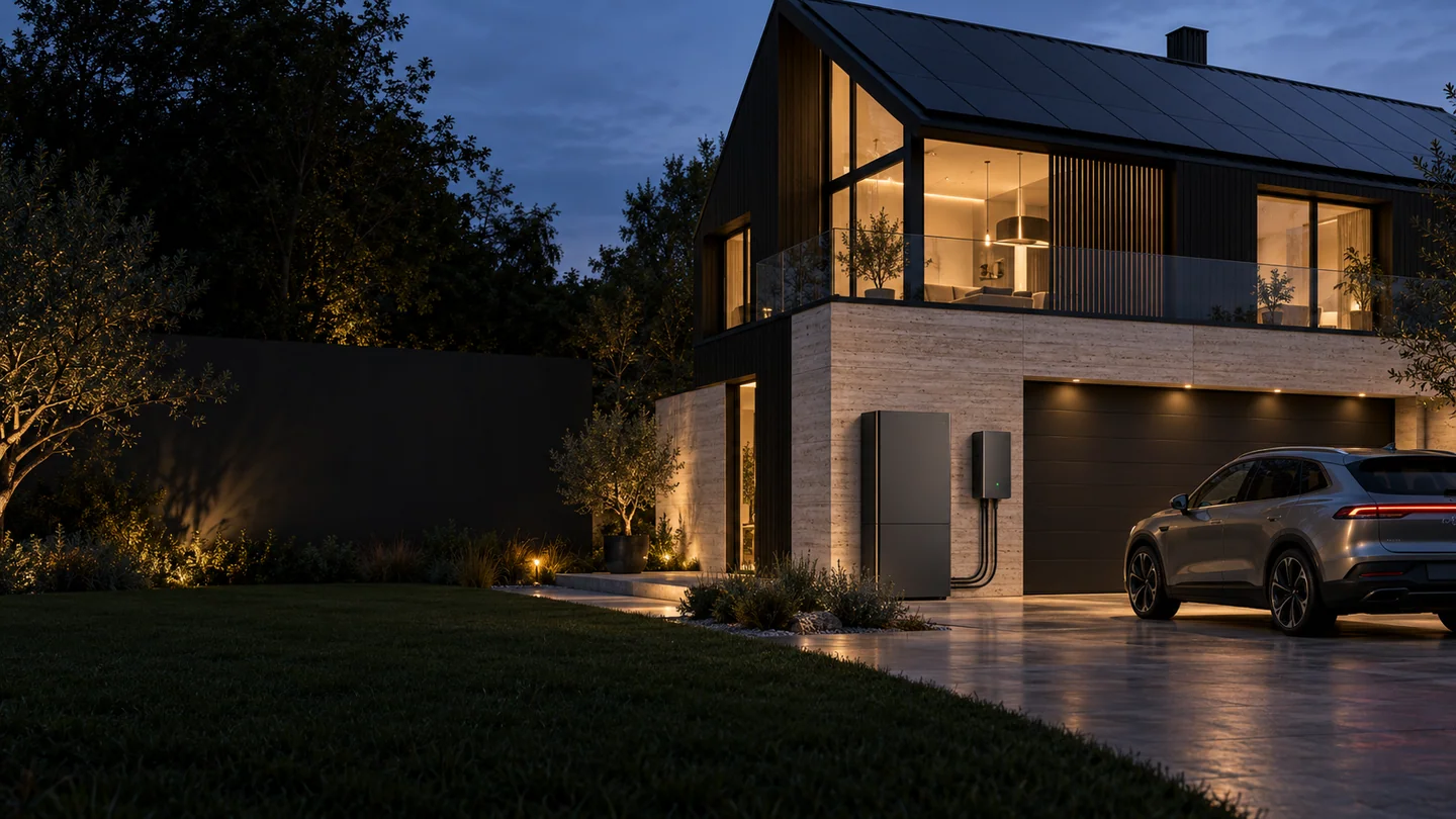 Concept of a solar home with a wall battery and electric vehicle charging