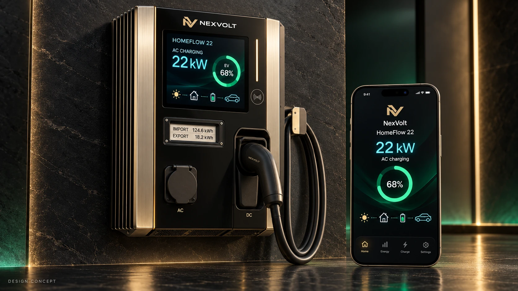 Luxury HomeFlow 22 AC/DC charger and NexVolt app concept
